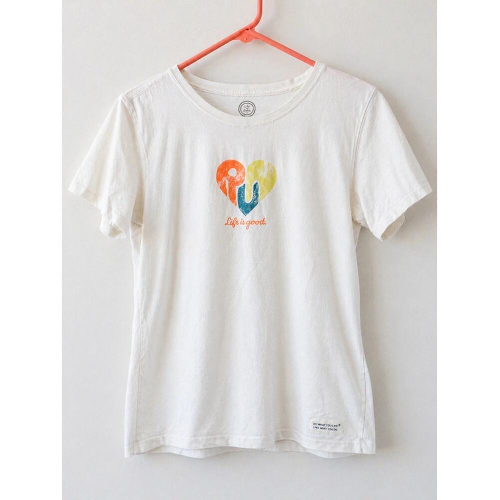 Life is Good Women’s Tee Small White Multicolor Heart Graphic Classic Fit